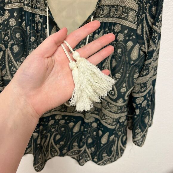 Skies are Blue Shirt Womens Small Green Cream Paisley Peasant Top Boho Bohemian - Picture 3 of 8